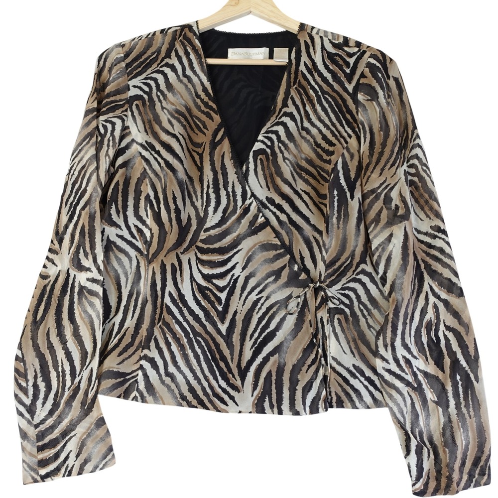 Vintage Dana Buchman Wrap Top Womens 12 Brown Zebra Silk Sheer Animal Print Glam